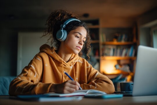 Focused teenage student learning from home, wearing headphones while watching an online webinar and taking notes