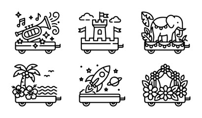 Six Outline Vector Icons: Carnival Floats, Parade, Celebration, Music, Fantasy, Space, Tropical, Floral Themes © Muktadir