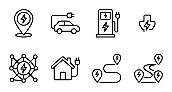Electric Vehicle Charging Icons: EV Car, Station, Home, Location, Network, Route, Texas Shape, Energy Bolt, Clean Power Set