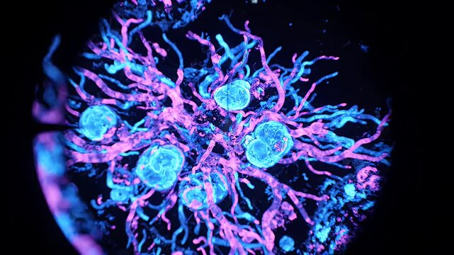 Microscopic Fluorescent Biological Cells - A mesmerizing microscopic view of biological cells glowing with vibrant fluorescent pink and blue hues against a dark background.