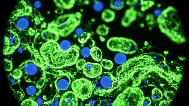 Microscopic Fluorescent Biological Cells in Lab - A vibrant, high-resolution microscopic view of fluorescent biological cells glowing green with blue nuclei.