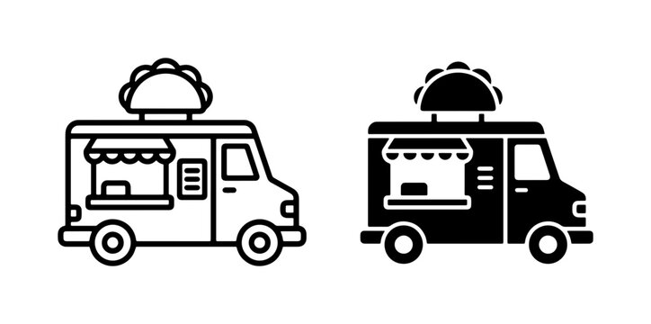 Taco Food Truck Vector Icons, Mobile Kitchen and Street Food Service, Black and White Graphics