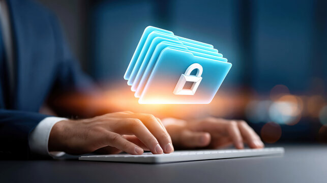 Secure file folder icon glowing above hands typing keyboard, conveying data protection and encrypted document management with focused professional
