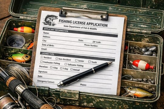 A paper application form for a fishing license is held on a clipboard