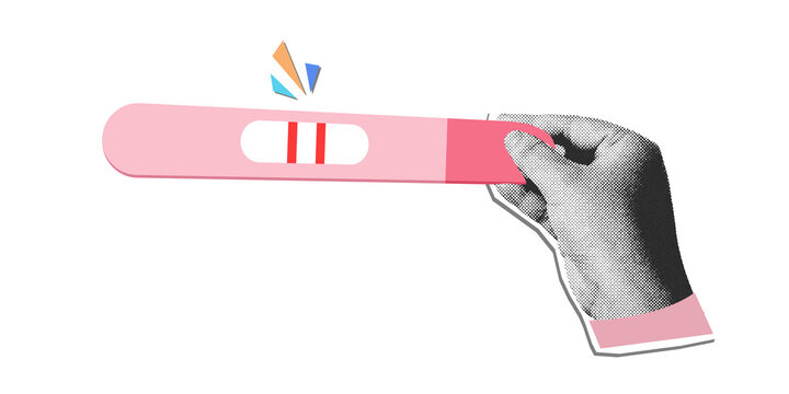 Retro halftone collage of a hand holding a positive pregnancy test, symbolizing pregnancy, fertility, family planning, and motherhood. Transparent background.