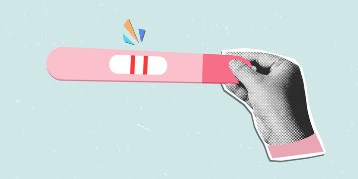 Retro halftone collage of a hand holding a positive pregnancy test, symbolizing pregnancy, fertility, family planning, and motherhood.