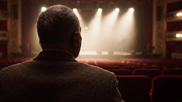 Man Watching Dimly Lit Stage in Empty Theater - A person sits with their back to the viewer in a dimly lit theater, facing empty red seats and a distant stage illuminated by bright spotlights.