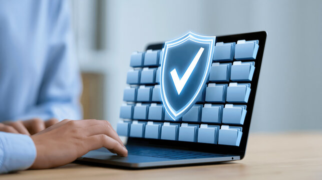 Secure digital file storage with shield checkmark protecting folders on laptop screen conveying data privacy and trust