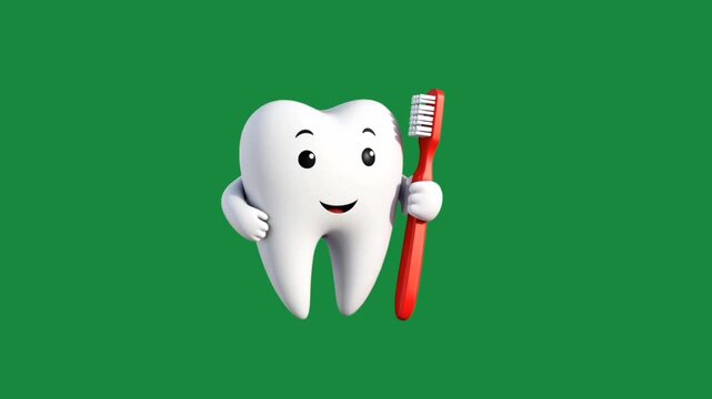 cute 3d cartoon tooth character holding a red toothbrush and smiling on a green screen background