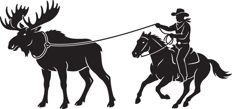 Cowboy riding horse pulling moose with rope on white background