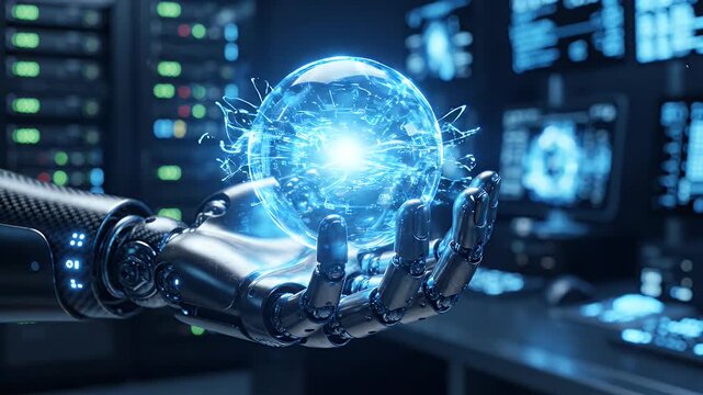 Robotic Hand Holds Glowing Holographic Sphere in Futuristic Lab - A detailed robotic hand, with a carbon fiber arm, gently holds a bright, glowing blue holographic sphere.