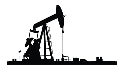 Oil pump jack silhouette stands against a white background representing energy extraction infrastructure. © Sadee Girl