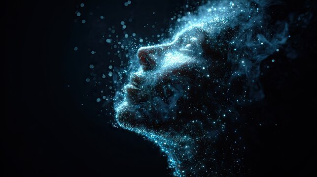 Human face profile dissolving into glowing blue particles.