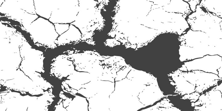 Black and white grunge texture of cracked ground. High contrast abstract vector background of parched dry soil earth.