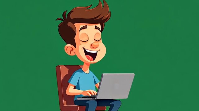 happy cartoon boy sitting on an office chair typing on a laptop computer on a green screen