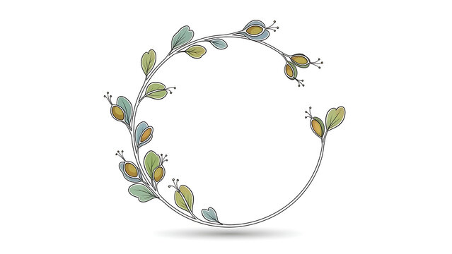 A delicate, hand-drawn, circular floral wreath with green and yellow leaves, isolated on a transparent background