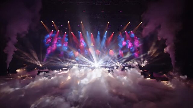 Stage Lighting with Smoke Effects - A dramatic stage lighting setup with multiple beams of light piercing through thick smoke and fog.