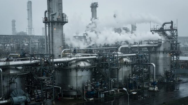 Medium shot of a catalytic cracking reactor section highlighting intricate FCCU reactor and regenerator structures with visible steam vents and ducts in a detailed industrial