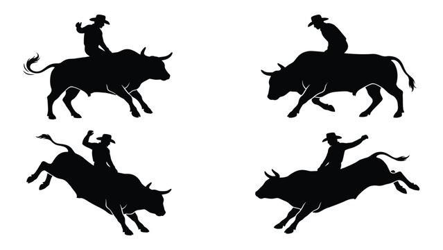 Bull riders performing dangerous rodeo maneuvers are captured in a series of dramatic black silhouettes.