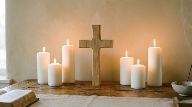 Serene christian altar with candles and cross