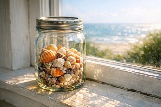 A jar filled with shells placed on a window sill