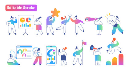 Fototapeta premium Modern business people character set with SaaS, AI, analytics, teamwork, productivity, customer support and communication concepts in colorful flat outline vector style with editable line strokes 