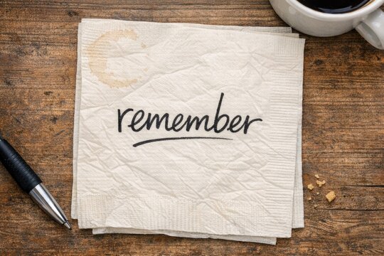 A napkin with the reminder 'remember' placed next to a cup of coffee