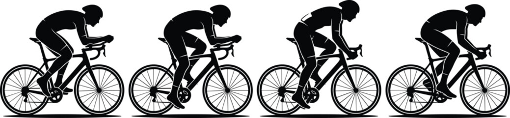Fototapeta premium Cyclist silhouettes in racing positions highlighting speed, performance, and aerodynamics for sports design, creative artwork, and fitness inspiration concepts