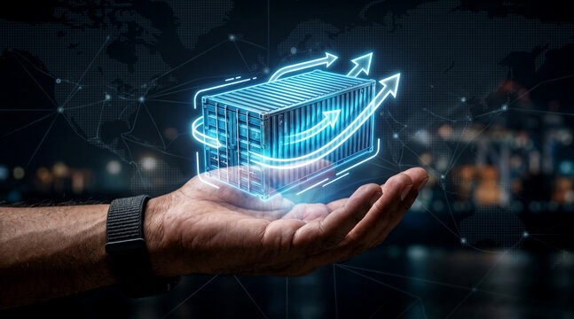 Digital logistics management concept with glowing cargo container hologram floating over human hand