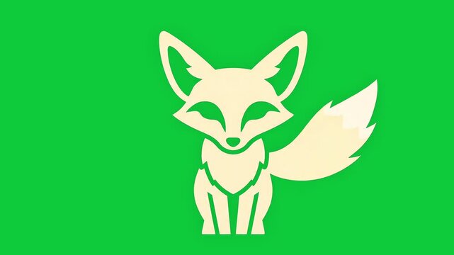 Minimalist paper cut out fennec fox animation appearing with a wagging tail on a green screen background