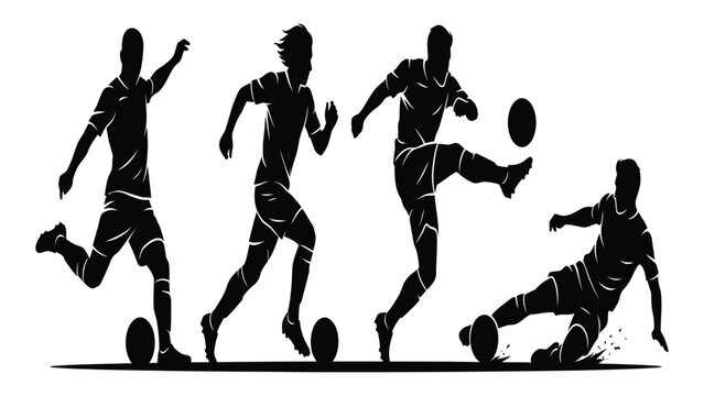 Soccer players are shown in active motion across a series of black silhouette graphics.