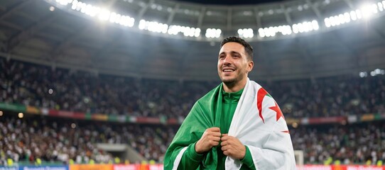 Obraz premium Algerian football supporter celebrating in stadium with national flag