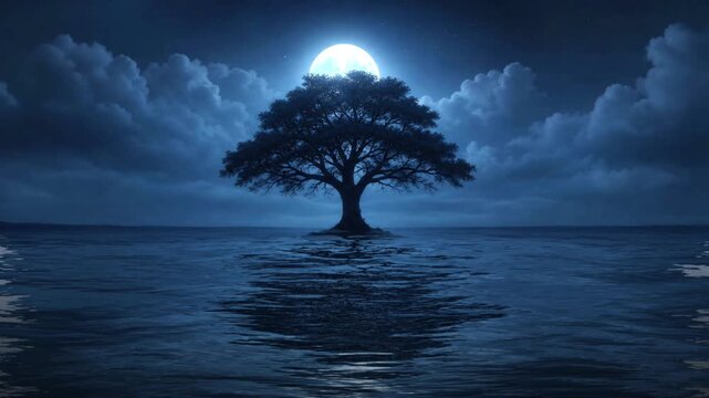 Cinematic fantasy night landscape loop featuring a single tree silhouette on a calm lake with a glowing full moon