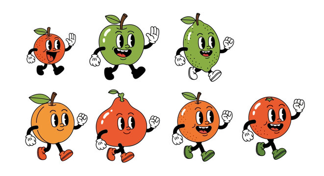 Running fruit characters, cartoon illustration, healthy lifestyle concept, colorful background
