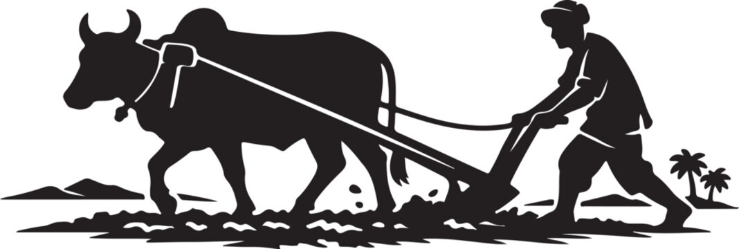 Rural Farmer Plowing Farmland With Ox
