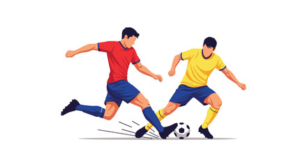 Obraz premium Skilled soccer players wearing vibrant red and yellow kits battle intensely for ball possession during a fast-paced match against a clean white backdrop.
