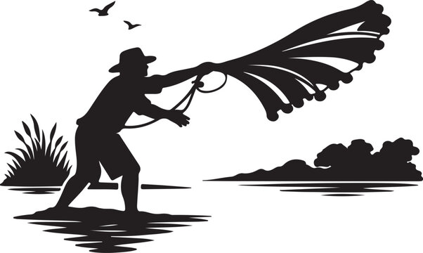 Artisanal Fisherman Throwing Cast Net In Lake
