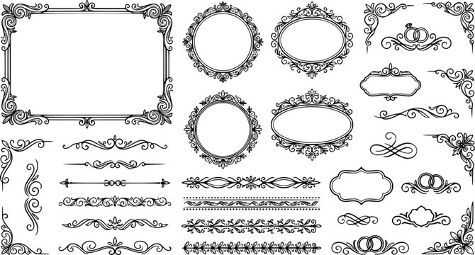 Vintage ornament frame. Decorative border frames, retro style divider. Elegant vintage frame and wedding ornaments Isolated icons vector set. Calligraphic filigree black ink borders collection