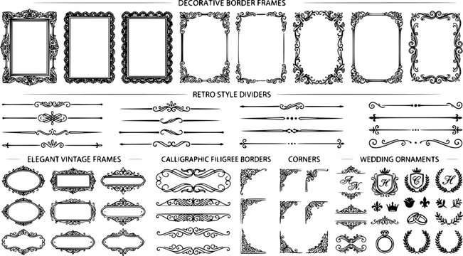 Vintage ornament frame. Decorative border frames, retro style divider. Elegant vintage frame and wedding ornaments Isolated icons vector set. Calligraphic filigree black ink borders collection