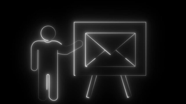 Neon sketch of message icon and presentation person icon on black background .presentation person icon using a board about message icon with neon effect.4k video motion graphic animation