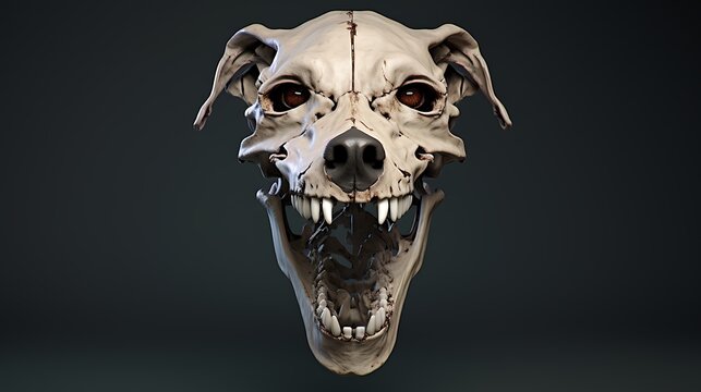 Eerie dog skull with striking orange eyes and exposed teeth on a dark gray background.