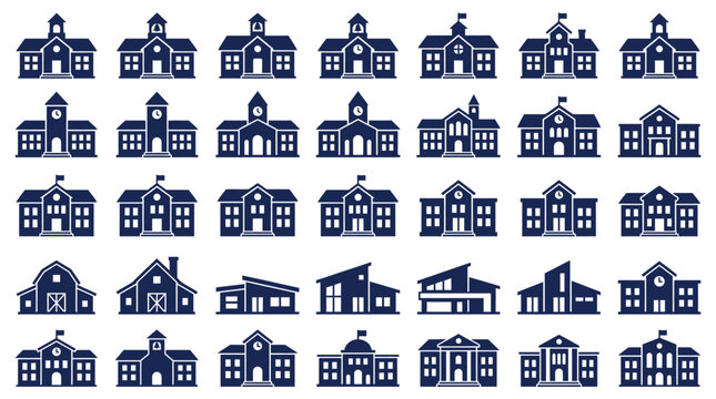 Collection of blue school building vector icons showcasing various architectural styles for educational graphic design projects