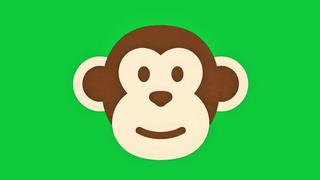 Cute cartoon monkey face animation appearing and subtly moving on a vibrant green screen backdrop