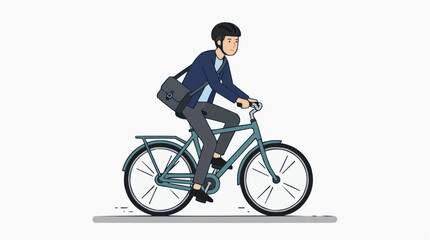 Naklejka premium A man in business attire cycling to work on a bicycle, wearing a helmet and carrying a messenger bag. The man is pedaling along a paved path, suggesting an eco-friendly commute.
