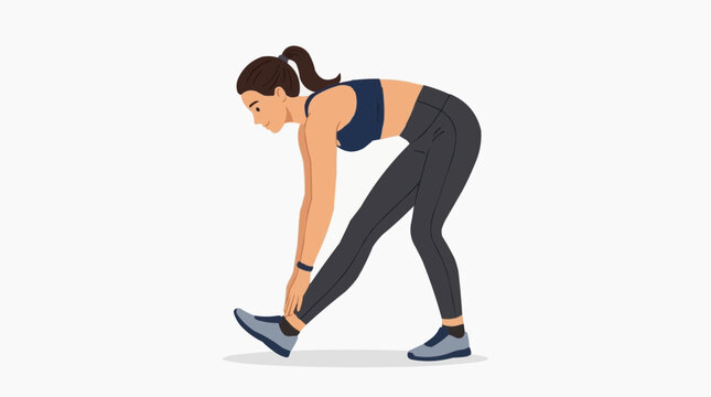 A woman is stretching her leg muscles in athletic wear. She is wearing a sports bra and leggings, with her hair pulled back in a ponytail
