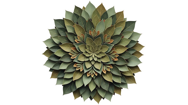 Green and brown mandala rosette with layered petal-like shapes, isolated on a transparent background
