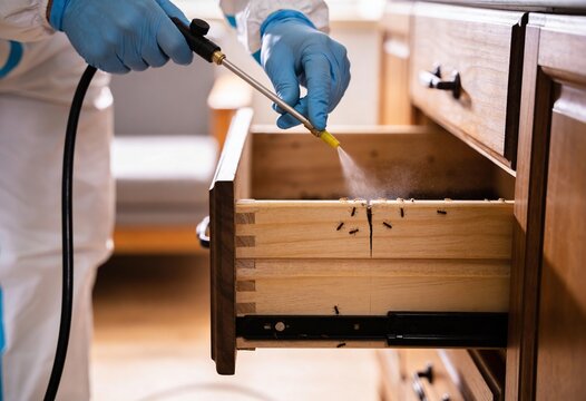 A pest control specialist in protective gear sprays chemicals into a wooden drawer full of ants.