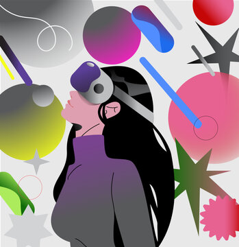 Modern abstract illustration of a yong woman wearing a virtual reality or AI mask. surrounded by colorful geometric shapes. Trendy vector illustration.