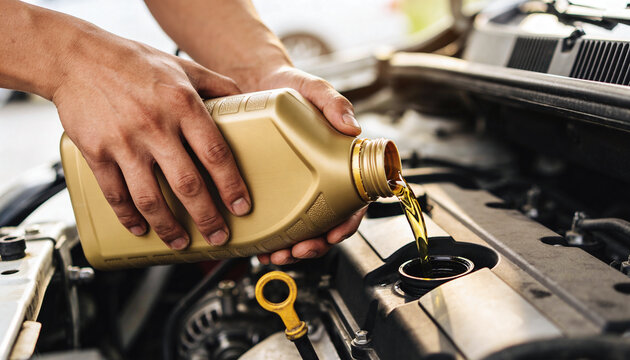 A mechanic pouring fresh engine oil into an opened car motor during routine vehicle maintenance work.