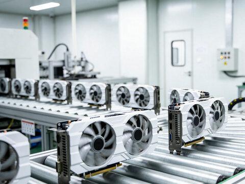 A view of multiple white computer graphics cards moving along an automated factory assembly line.